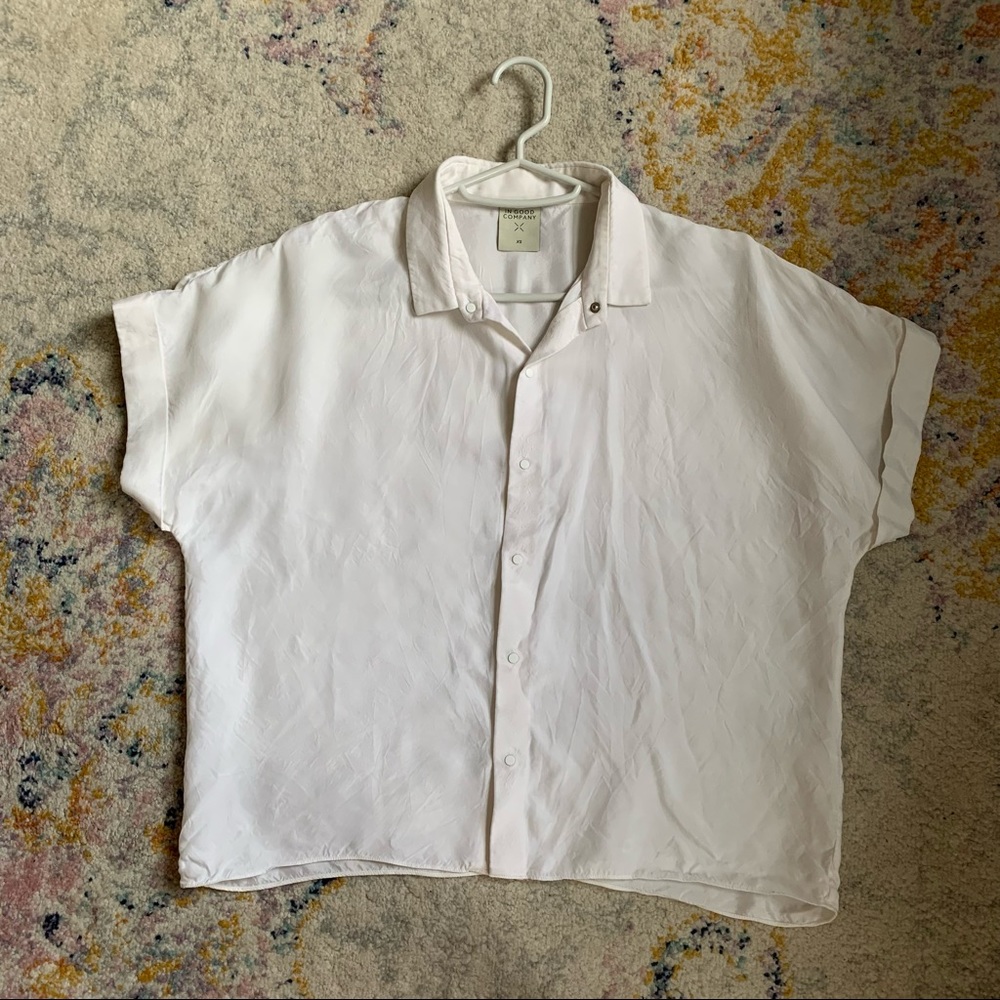 White Collared Button Silky Cupro Short Sleeve Top - image 2